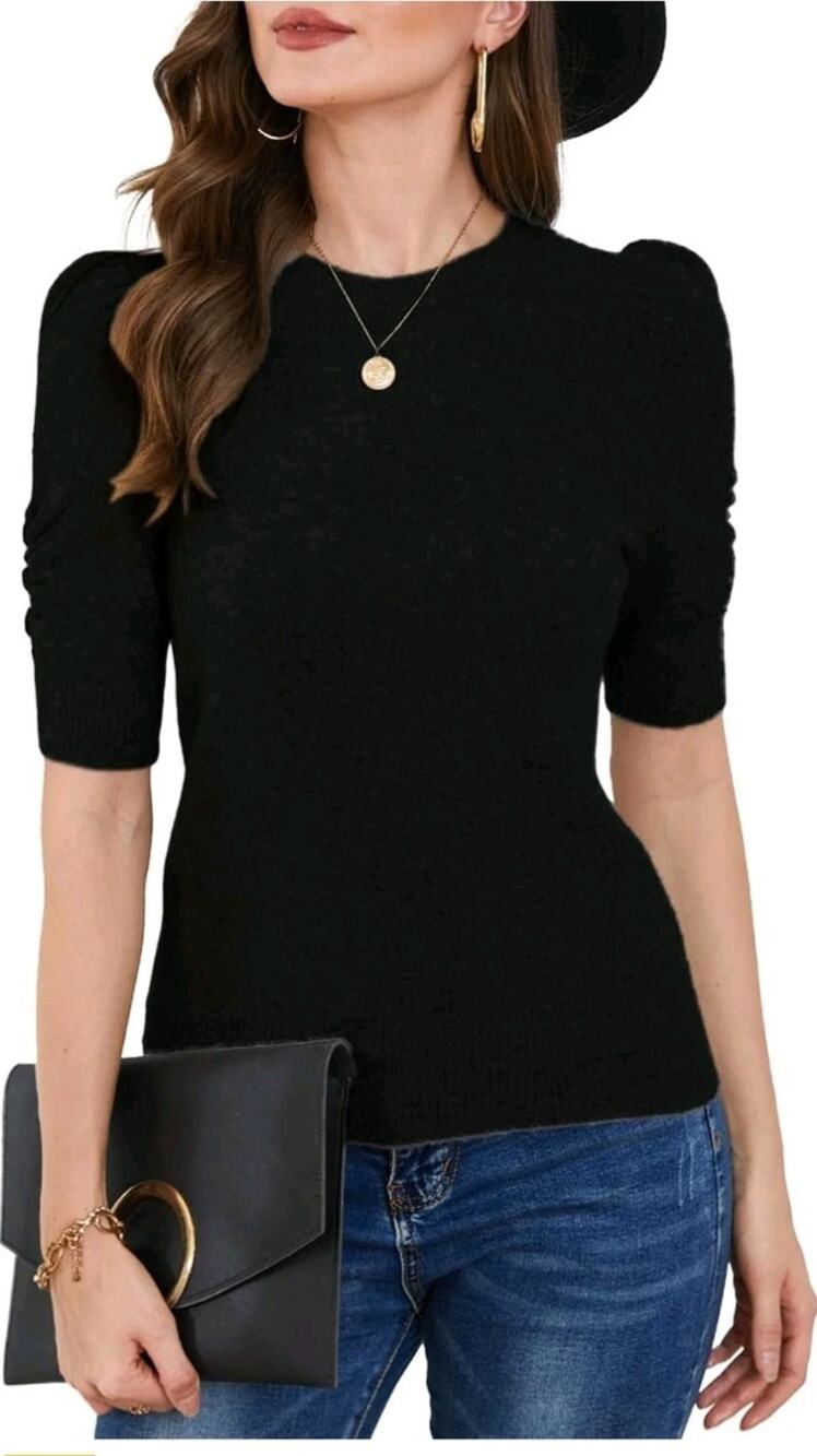 Women'Puff Short Sleeve Sweater Tops 2025 Spring Summer Trendy Crew Neck Size M